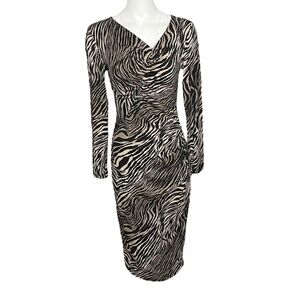 Lafayette 148 Dress Size 4 Brown Black Tiger Print Jersey Knit Long Sleeve